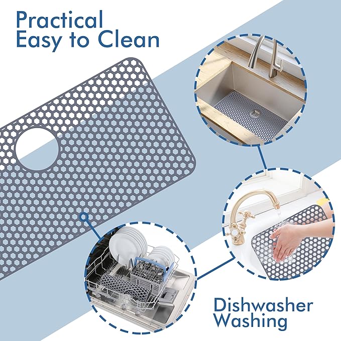Bestjing Silicone Sink Protectors for Kitchen Sink with Rear Drain - 28.3"x 15.7" Kitchen Protector Accessory, Non-Slip Heat Resistan Mat for Bottom of Farmhouse Stainless Steel Porcelain(Gray)