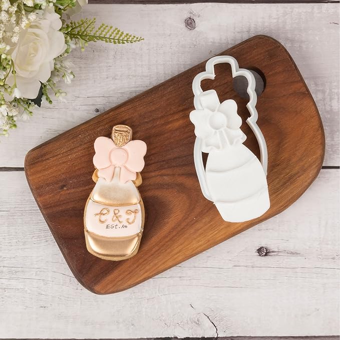 Flycalf Wedding Cookie Cutters with Plunger Stamps Champagne Bridal Shower Gifts Holiday Cake Baking PLA Cutter Molds for Kids Decorative Party 3.5" Kitchen Cake Supplies