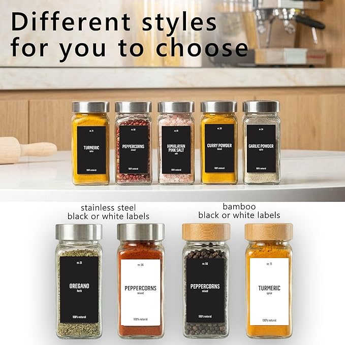 Deco haus Glass Spice Jars with Stainless Steel Lids 36 x 4oz [LABELS incl] Spice Containers with 280 Labels, Funnel & Chalk Marker - Empty Herb Seasoning Containers, Small Seasoning Bottles for Herb