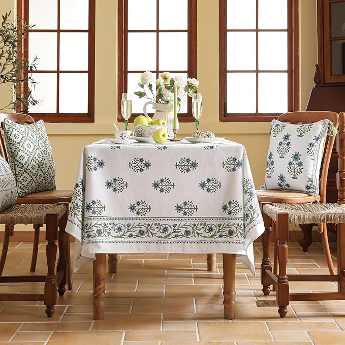 ISAENNE Designer White Linen Extra Long Rectangle Tablecloth,Chinoiserie Floral Elegant Indoor Table Cloth,Fall Stain Proof Decor Tablecloths for Dining Thanksgiving Kitchen,63"*110"-Mosella F