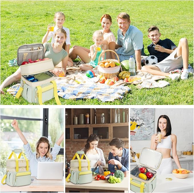 holuxer Insulated Lunch Bag & Lunch Box for Women - Double Deck Reusable Lunch Bag for men Tote Cooler Bag Leakproof Soft Expandable - Large Lunchbox for Work/Adult/Picnic/Outdoor (Green，15L)