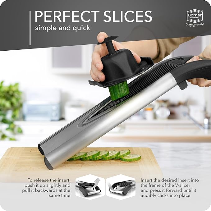 Borner V6 Exclusive Line V-Mandoline Slicer 8-in-1 Pro-Set, Stainless Steel Vegetable Cutter with Safety Insert, Slice Insert, 2 Blade Inserts