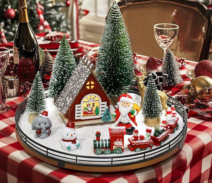 AMH 12 PCS Christmas Table Decorations Set with Oak Rotating Base – Xmas Town Village Centerpiece with Santa, Train, House, Trees & Figurines, Tabletop Decorations for Holiday Dining & Coffee Tables