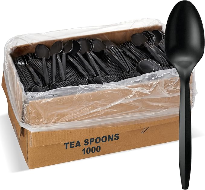 1,000 Plastic Disposable Tea spoons Bulk Black Medium Weight Disposable Silverware Plastic Cutlery Tea Spoons