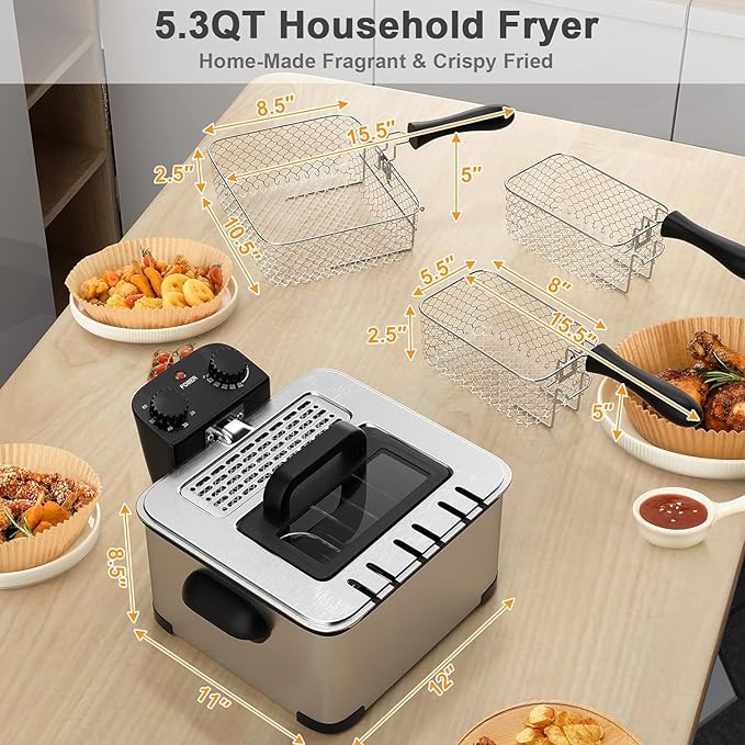 Deep Fryers with Triple Baskets - Simoe 5.3QT/21 Cup Electric Large Fryer, Friteuse 1700W Stainless Steel Deep Fryer with Lid, Adjustable Temperature & Timer & View Window, Professional Grade