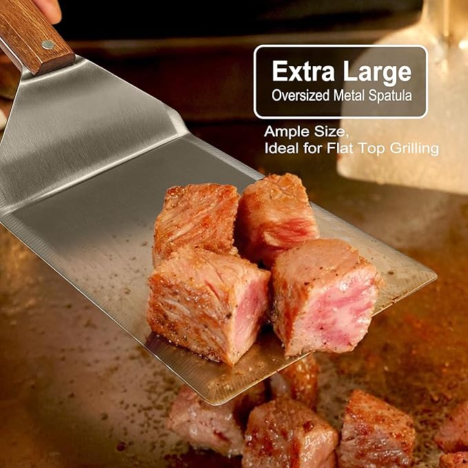 Wooden Steel Barbecue Grill Tool, Griddle Accessories for Blackstone, Multi Kitchen Flippers with Full Tang Handle & Beveled Edges, Spatula/Turner/Scraper for Flat Top Grill- Thicker Steel Blade