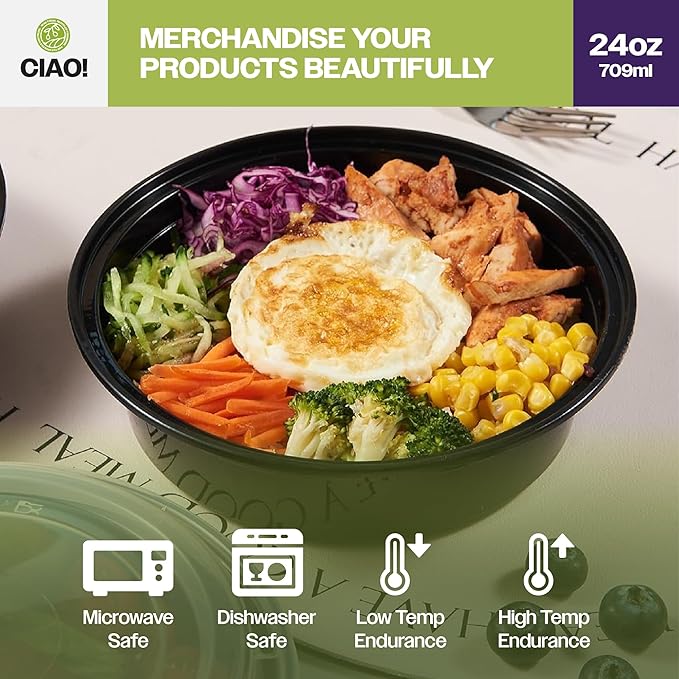 CIAO! 24oz Heavy Weight Injection Molded Microwavable Black Round Food Container with Lid (150/case)