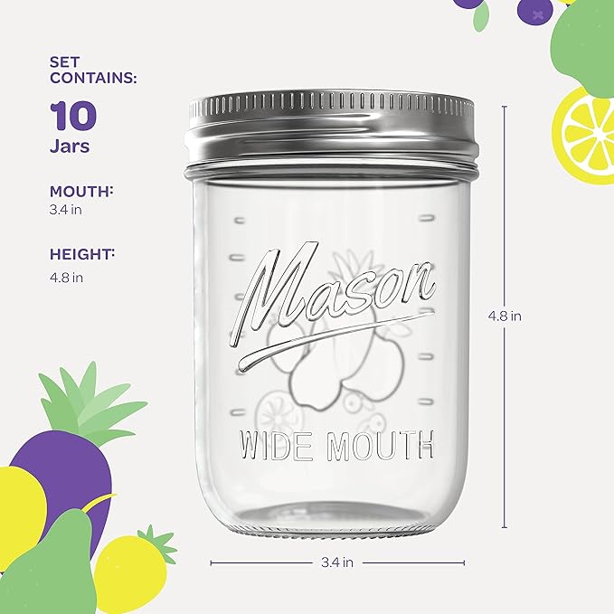 SEWANTA Wide Mouth Mason Jars 16 oz [10 Pack] With mason jar lids and Bands, mason jars 16 oz - For Canning, Fermenting, Pickling - Jar Décor - Microwave/Dishwasher Safe.