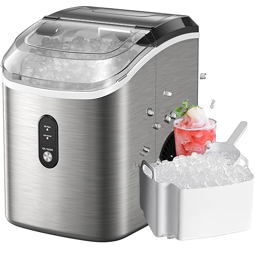 Nugget Ice Maker Countertop, Pellet Ice Machine with Self-Cleaning Function, Produces 33 lbs of Chewable Ice in 24 Hours, Sonic Ice Maker Perfect for Home Kitchens and Offices, Stainless Steel