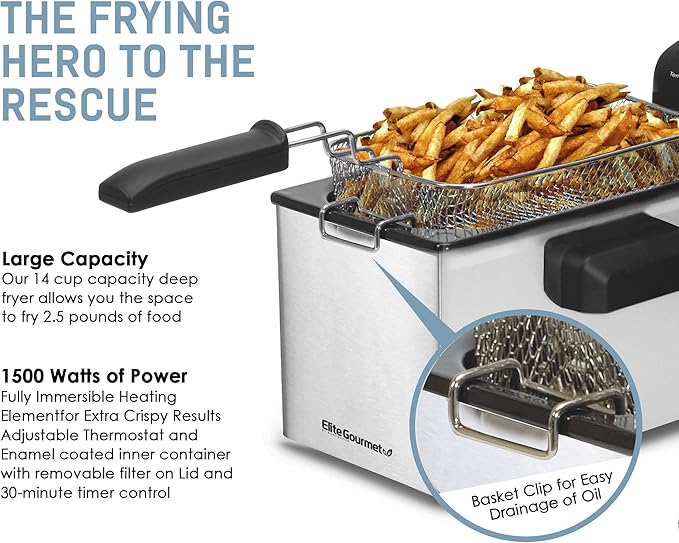 Elite Gourmet EDF-3500 Electric Immersion Deep Fryer. Removable Basket, Timer Control Adjustable Temperature, Lid with Viewing Window and Odor Free Filter,Stainless Steel,3.5 Quart / 14 Cup