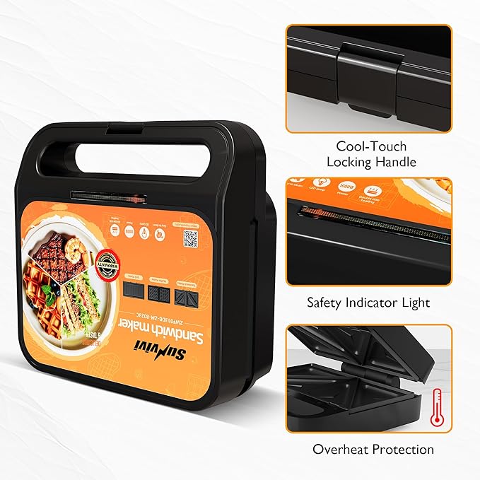 Sunvivi 3 in 1 Sandwich Maker, Electric Waffle Maker with Removable Non-stick Plates, 1000W Panini Press Grill with Glass Top, Cool Touch Handle & Easy to Clean, Black