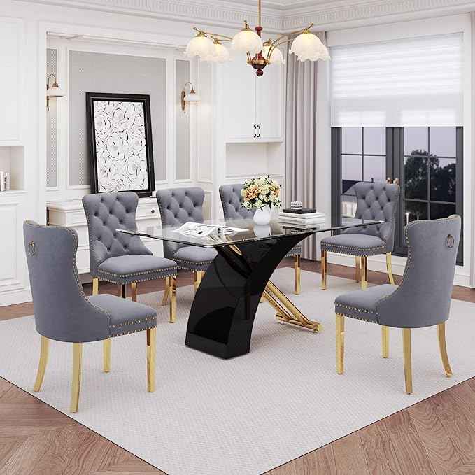 7 Piece Glass Dining Table Set for 6, 63" Modern Kitchen Table with 6 Grey Velvet Chairs, Tempered Glass Tabletop with Black X-Shaped MDF Base, Modern Dining Room Set for Kitchen and Dining Room
