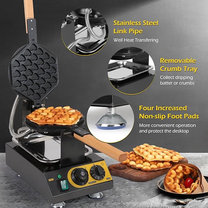 Dyna-Living Commercial Bubble Waffle Maker, 1400W Non-stick Egg Waffle Maker with Crumb Tray, 30 Egg Cones Heart Shape Hong Kong Style Bubble Waffle Machine, 180 Rotating