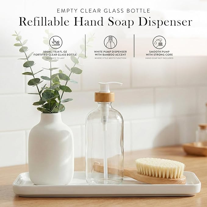 SAVVY & SORTED Glass Hand Soap Dispenser Bathroom, Dish Soap Dispenser for Kitchen Sink, Refillable Clear Glass Bottles with White Bamboo Pump for Liquid Hand Wash, 17 Fl Oz / 500 ml