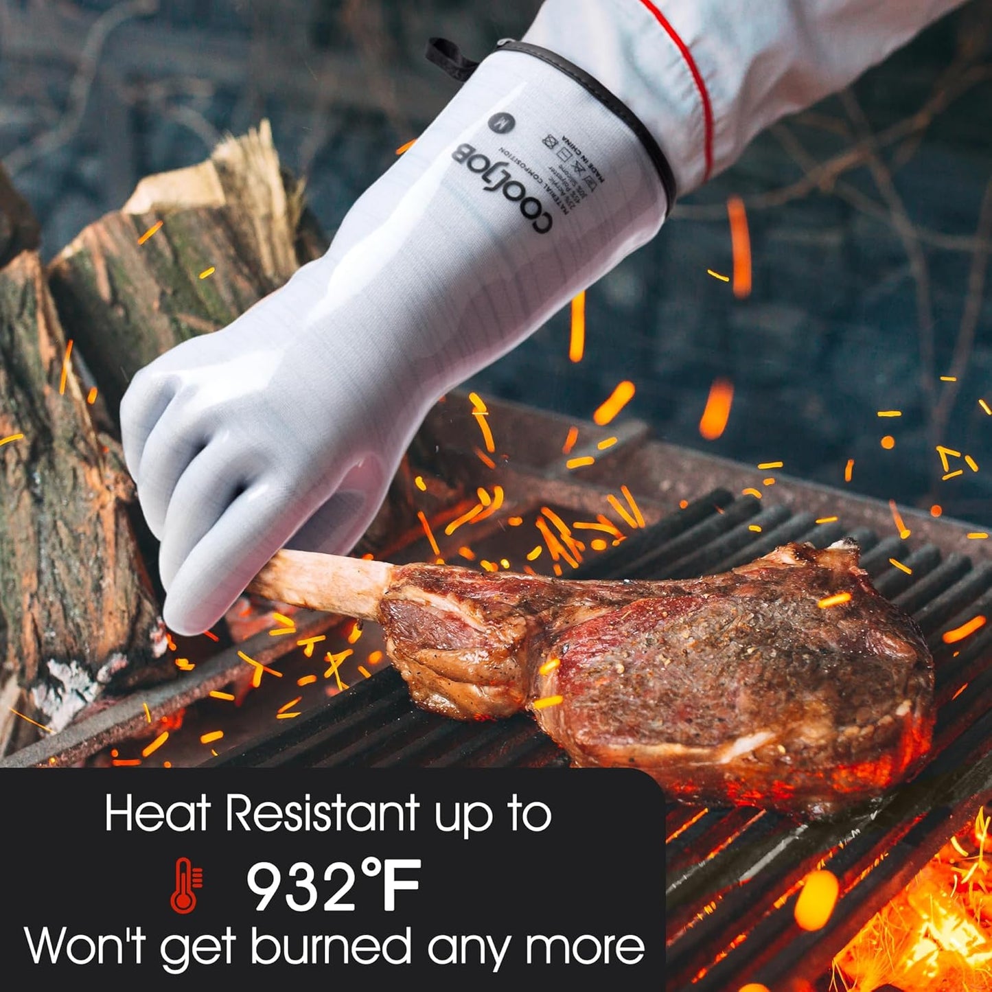 COOLJOB Heat Resistant Oven Gloves, Waterproof Liquid Silicone BBQ Grilling Gloves for Barbecue, Kitchen Cleaning, Baking, Blue, Large