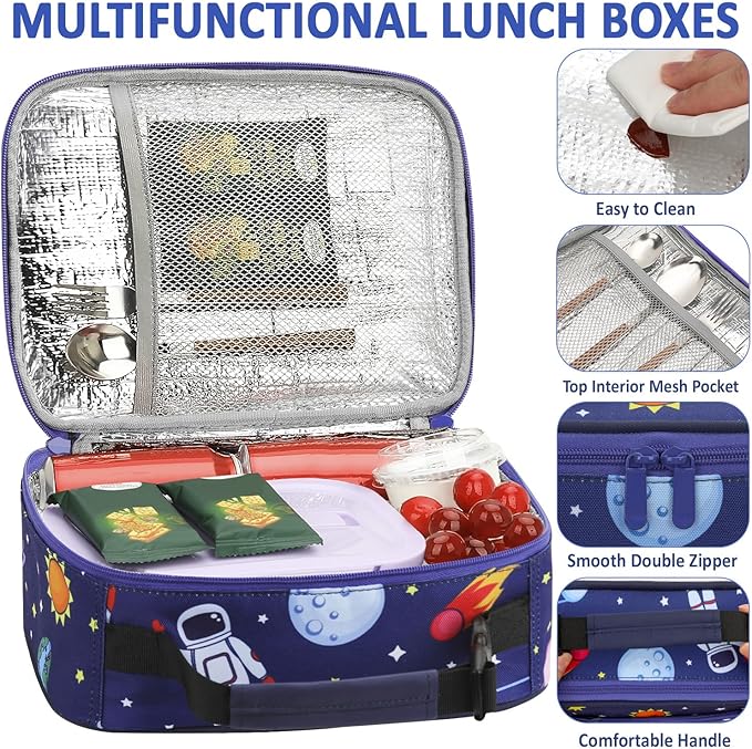 Lunch Box Kids Insulated Lunch Bag for Boys Girls Cute Reusable Lunch Tote Bag Waterproof Portable Thermal Lunch Box Kids for School Picnic Travel Blue Space