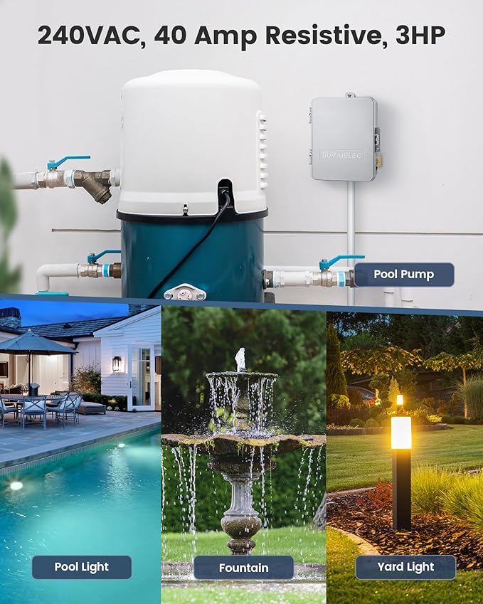 SURAIELEC Mechanical Pool Timer, 40 AMP 240V 3HP, 24 Hour Heavy Duty Timer Switch for Pool Pump, Spa, Landscape Lights, Water Heater, Simultaneously Controls Up to 3HP Devices, Outdoor Indoor Use