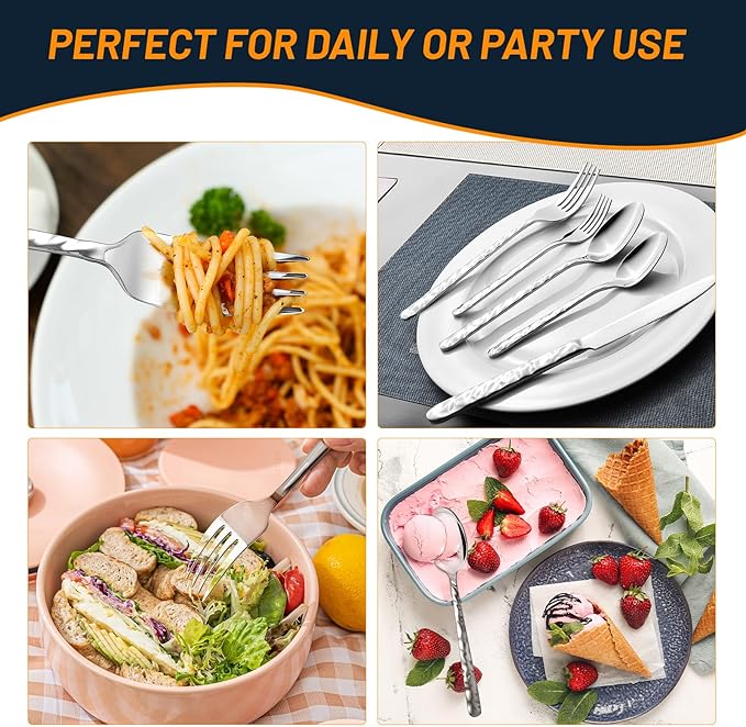 NICE KITCHEN 60 Piece Silverware Set for 12, Food-Grade Stainless Steel Utensils Set,Wave Style Design & Mirror Polished - Dishwasher Safe