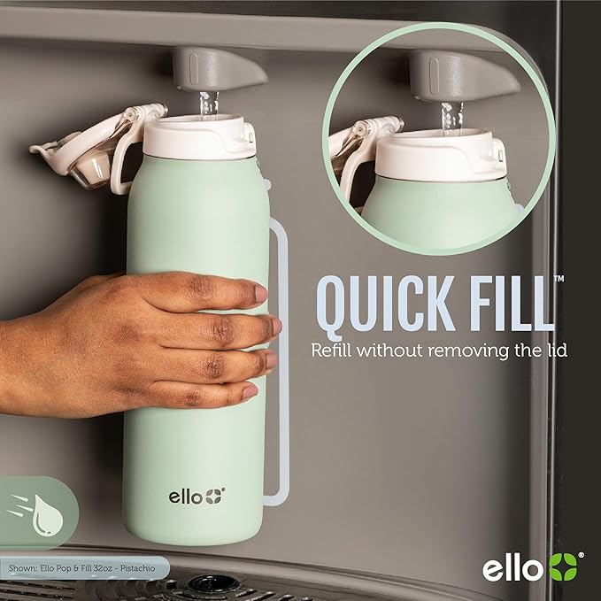 Ello Pop & Fill 22oz Stainless Steel Water Bottle with QuickFill Technology, Double Walled and Vacuum Insulated Metal, Leak Proof Locking Lid, Straw and Chug, Reusable, BPA Free, Pink Gingham