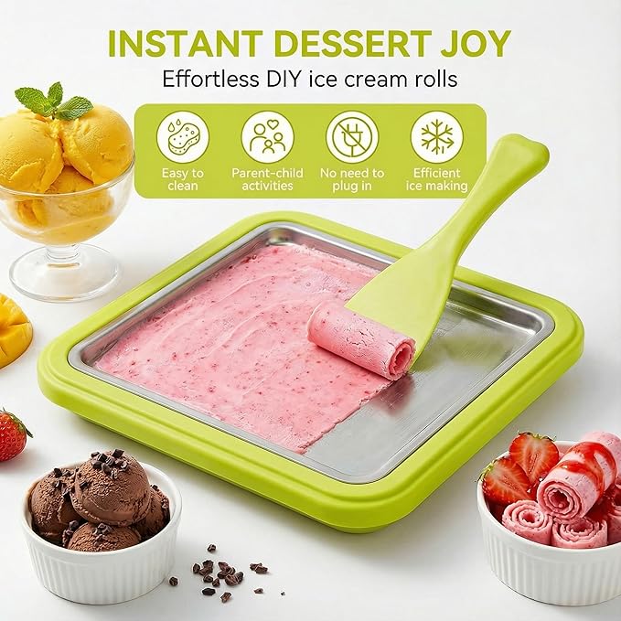 Rolled Ice Cream Maker, Manual Ice Cream Tray for Homemade Frozen Yogurt and Sorbet, Food Grade Ice Cream Roller for Family (Green)