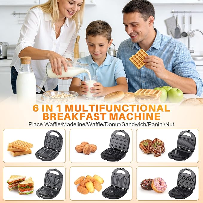 6 in 1 Waffle Iron Set, Panini Press Grill and Electric Sandwich Maker with Removable Non-Stick Plate, Ideal for Cooking Grilled Cheese, Tuna Melts, Burgers