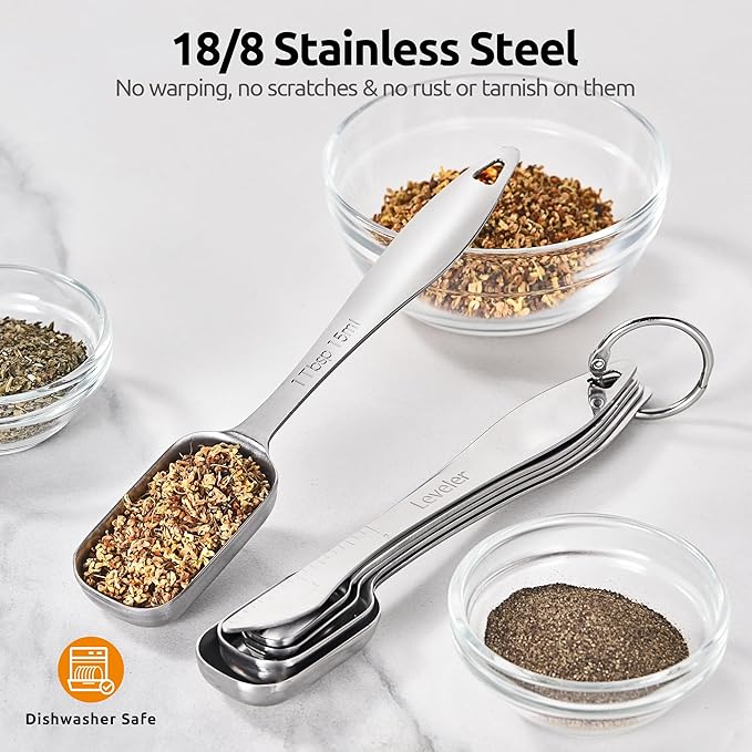 U-Taste 18/8 Stainless Steel Measuring Cups and Spoons Set of 12, and 18/8 Stainless Steel Square Measuring Spoons Set of 8 (Multicolor+Silver)
