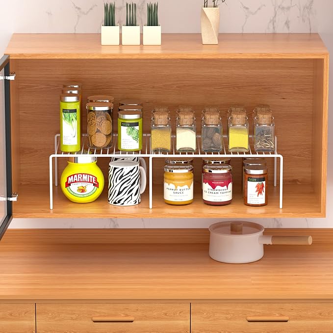 iPEGTOP Freezer Cabinet Storage Shelf Set of 4, 8 Pieces Expandable Metal Rustproof Spice Rack, Adjustable Kitchen Organizer Counter Fridge Pantry Shelf Space Saver (White)