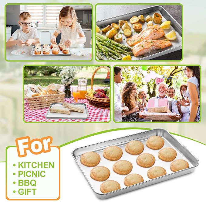 CEKEE Baking Sheet Set of 4, Stainless Steel Cookie Sheet & Baking Pan Tray, Toaster Oven Tray, Baking Pan Set, Rectangle Size 16 x 12 x 1 inch, Non Toxic, Mirror Finish & Rust Free, Dishwasher Safe