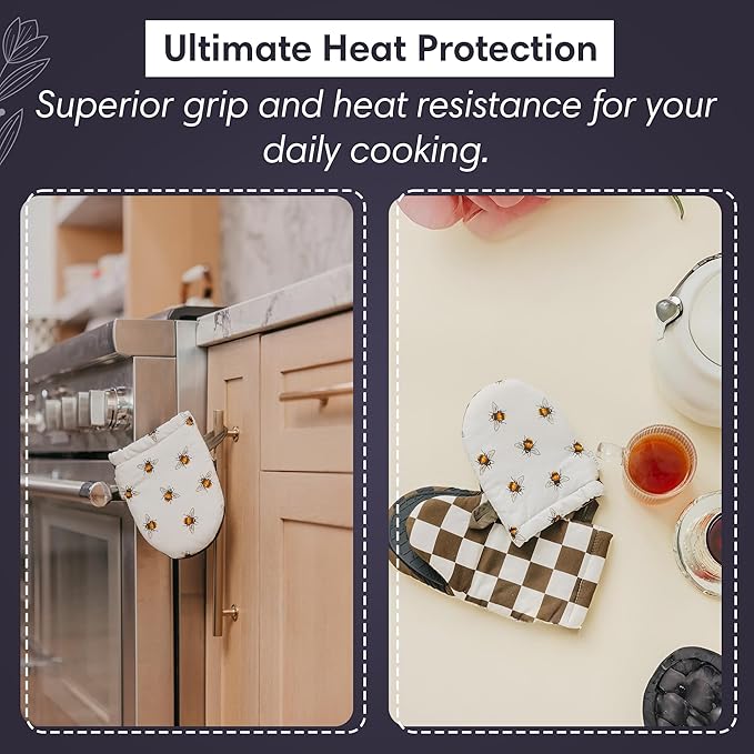 Crae Home - Mini Oven Mitt | Milk & Honey Pattern Silicone-Lined Grip Heat-Resistant Cotton Kitchen Mitt with Hanging Loop | Cute Pot Holder Style Oven Glove for Baking & Cooking | 7.5” x 5.5”