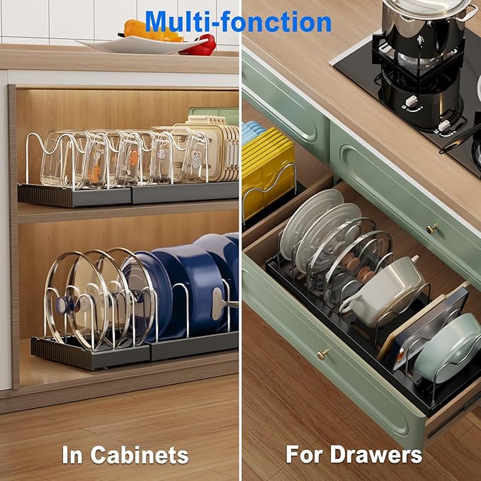 Mustorn 2 Pack Pots and Pans Organizer under Cabinet, 22" Expandable Food Storage Container Lid Organizer with 9 Adjustable Stainless Steel Dividers, ABS Base, Countertop Rack, Black