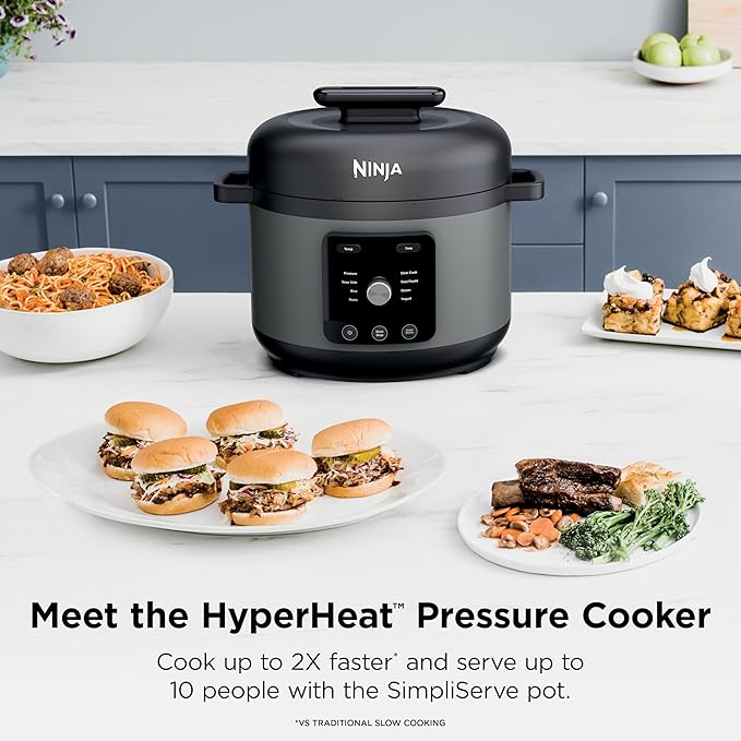 Ninja HyperHeat 9-in-1 6.5-qt Pressure Cooker | Steams, Slow Cooks, Sears, Sautés, Sous Vide, Yogurt & More | With SimpliServe Pot | Powerful 1200-Watt | Grey | PC201GY
