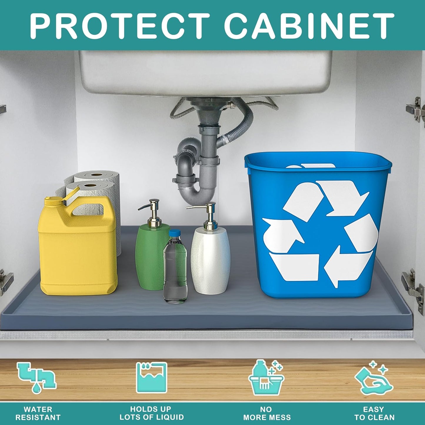 URMONA Waterproof Silicone Under Sink Mat 22'' x 22'' Shelf Liner for Kitchen and Bathroom, Cabinet and Counter Protector, Storage and Organizers, Litter Mat, Pet Cat Puppy Essentials(Dark Grey)