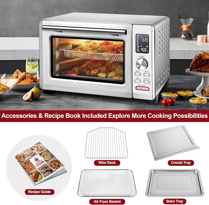 TomaChef Air Fryer Toaster Oven Combo, 26.5QT Large Capacity with Visible Window, 11-in-1 Countertop Toaster Oven, 85% Less Oil Healthy Cooker for Family, PFAS Free & Stainless Steel