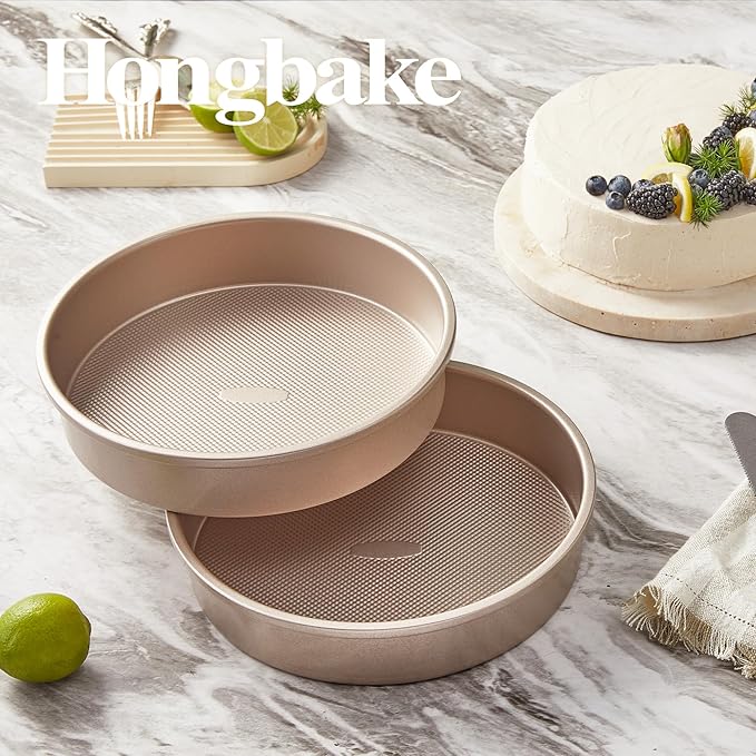 HONGBAKE Nonstick Ceramic 9 Inch Round Cake Pan Set of 2, Heavy-Duty Aluminized Steel round cake pans with Diamond Texture, Non-Toxic Cake Molds, Cake Pans Sets for Baking Cheesecake, Cream, Gold