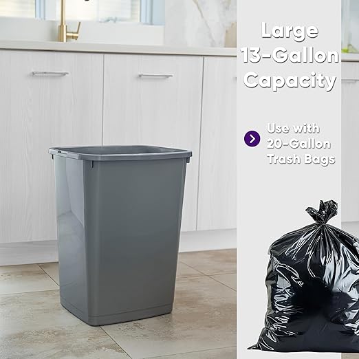Superio Large Kitchen Trash Can 13 Gallon, 52 Qt Unlidded Waste Bin Only for Kitchen, Garage, Indoor and Outdoor Trash Can, Grey