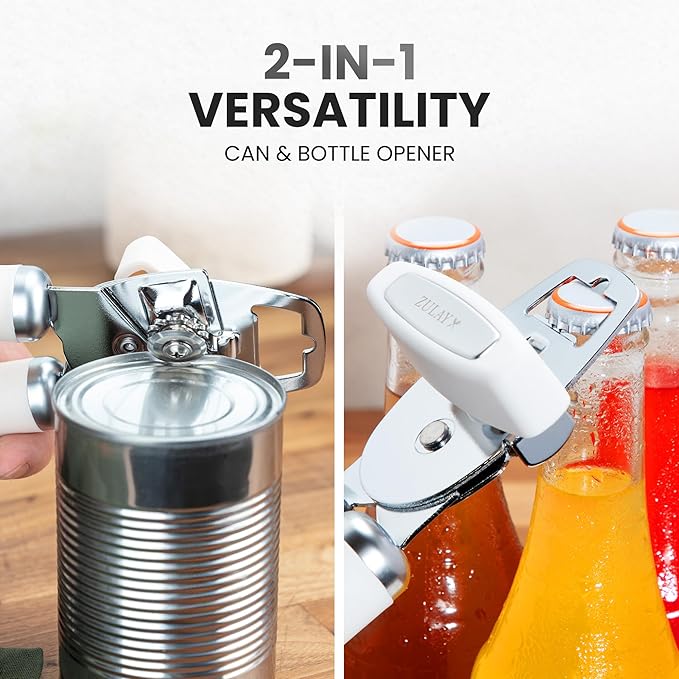 Zulay Kitchen Heavy Duty Stainless Steel Can Opener Manual with Bottle Opener - Rust Proof Manual Can Opener With Turn Knob & Soft Grip Handles
