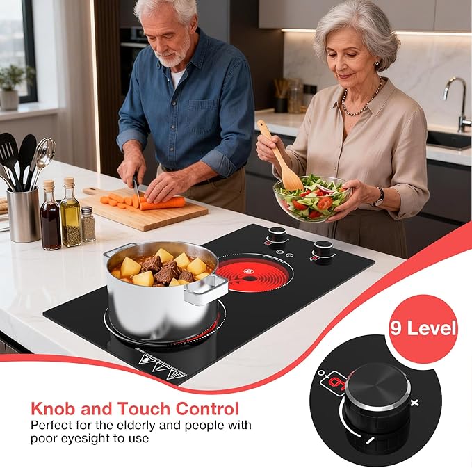 2100W Electric Cooktop 2 Burner: Electric Stove 110v-120v Hot Plate, Knob Control Countertop & Built-in Ceramic Cooktop 9 Power Levels, Child Lock, Timer, Suitable for all Pans