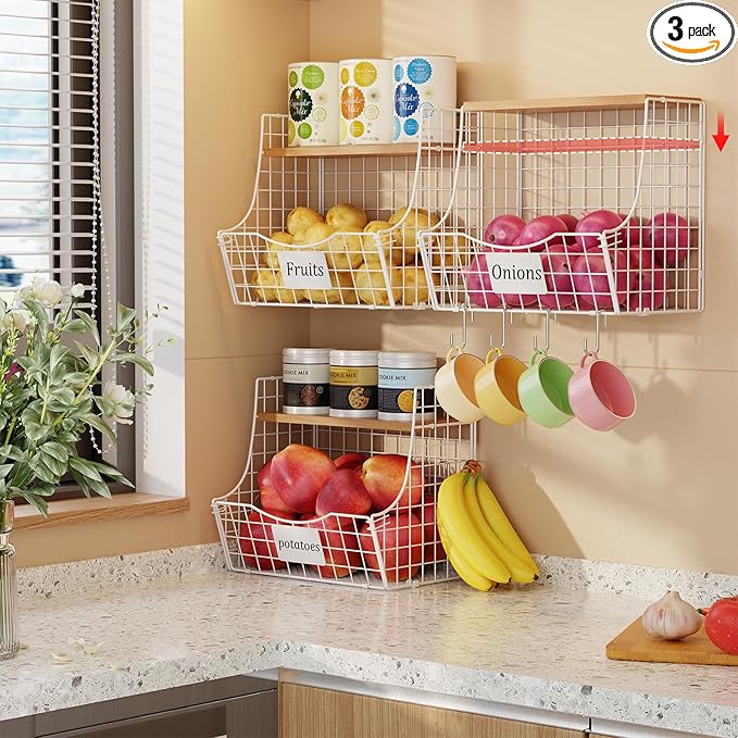 3 Pack Hanging Fruit Basket for Kitchen with Wood Lid - Onion and Potato Storage Fruit Bowl with Nameplate for Counter&Wall Mounted, Stackable Storage Basket,11.81 * 8.66 * 10.63inch