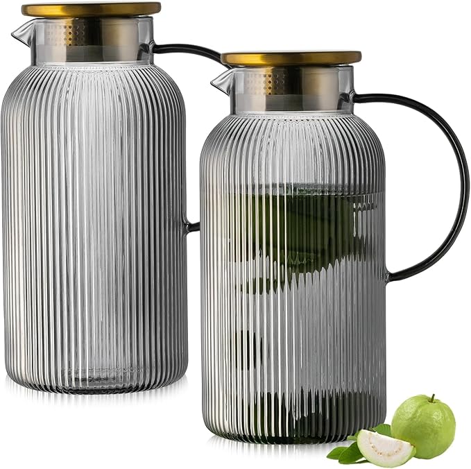 Buaic 2 PACK Glass Pitcher with Lid, 68 oz/ 2 Liter Gray Classic Vertical Stripes Water Pitcher,Glass Water Carafe for Cold Brew, Coffee, Lemonade, Iced Tea,Beverage, Heat Resistant Water Glass Jug