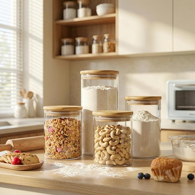 HomArtist Extra Large Glass Flour and Sugar Storage Containers with Airtight Lid,132 floz x1 & 65 floz x1 [Set of 2] Big Glass Jars with Bamboo Lids, Air Tight Food Jar for Cereal, Pasta, Rice, Coffee