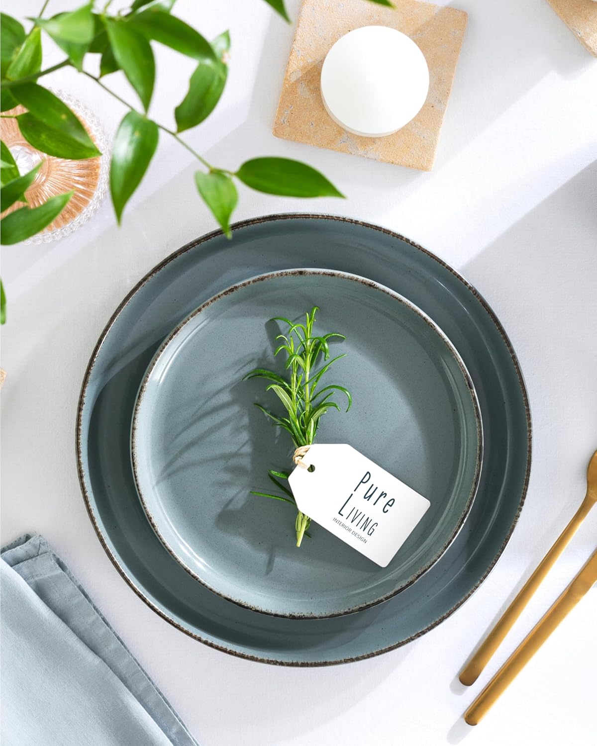 Stoneware dinnerware set 8 persons Rustic 24 pcs - Rustic design dinnerware set, dishwasher safe - Bowl and plate set - Pure Living dinnerware in smoky blue…