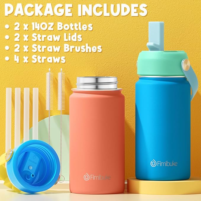 Fimibuke Kids Insulated Water Bottle - 14oz BPA-FREE 18/8 Stainless Steel Travel Tumbler Leak Proof Double Wall Vacuum Kid Cup with Straw Metal Water Bottle for School Boys Girls（2 Pack, Candy/Bubble）