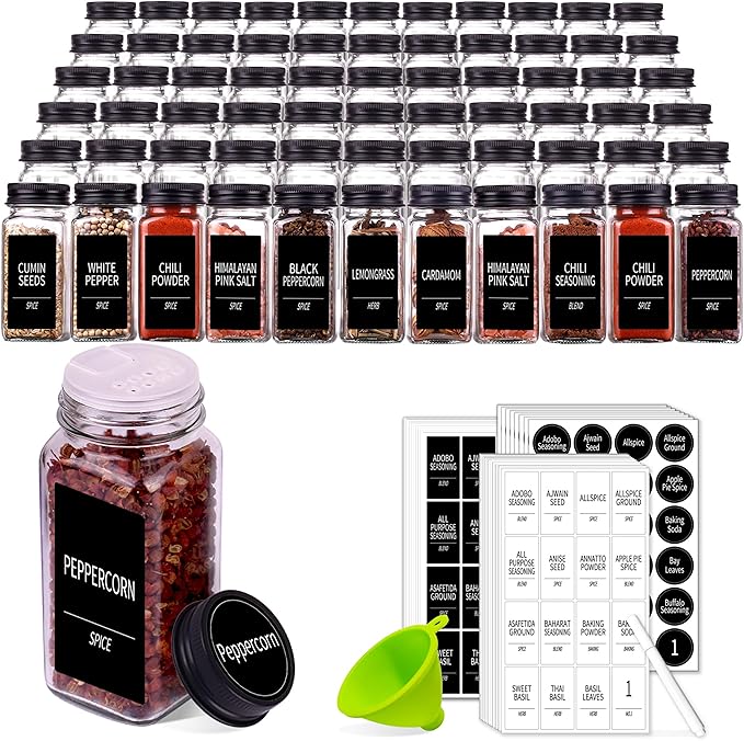 Churboro 66 Spice Jars with 547 Labels- Glass Spice Jars with Black Metal Caps, 4oz Empty Spice Containers with Shaker Lids, Funnel, Chalk Pen, Square Seasoning Bottles for Spice Rack, Drawer, Cabinet