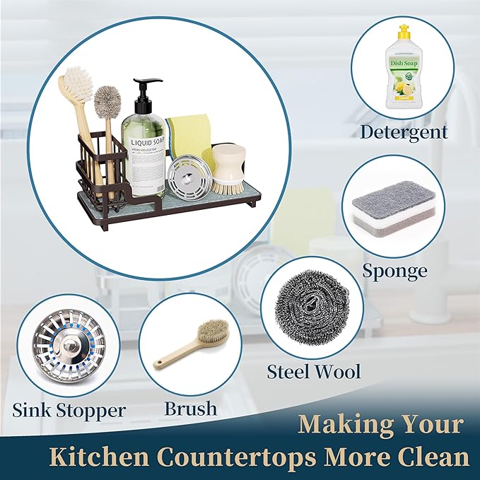 Consumest Sponge Holder for Kitchen Sink - Sink Caddy Organizer with Water Absorbing Stone Tray, Detachable Brush Holder, Stainless Steel Kitchen Counter Organizer Rack, Bronze