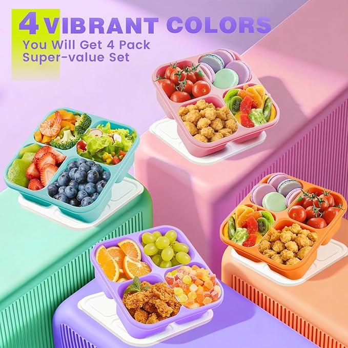 4 Pack Snack Containers Bento Box Adult Lunch Box,Meal Prep Container, Reusable Food Storage lunch Containers Stackable for Work, Travel and Gym (Pink, Orange, Green, Purple)