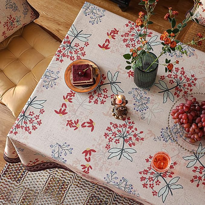 patdrea Designer French Linen Long Rectangle Tablecloth for Rectangle Table,Vintage Red Floral Tablecloths,Table Cover for Kitchen Dining,Tea Party,Christmas,Thanksgiving,Holiday,55"x79"-Newmari