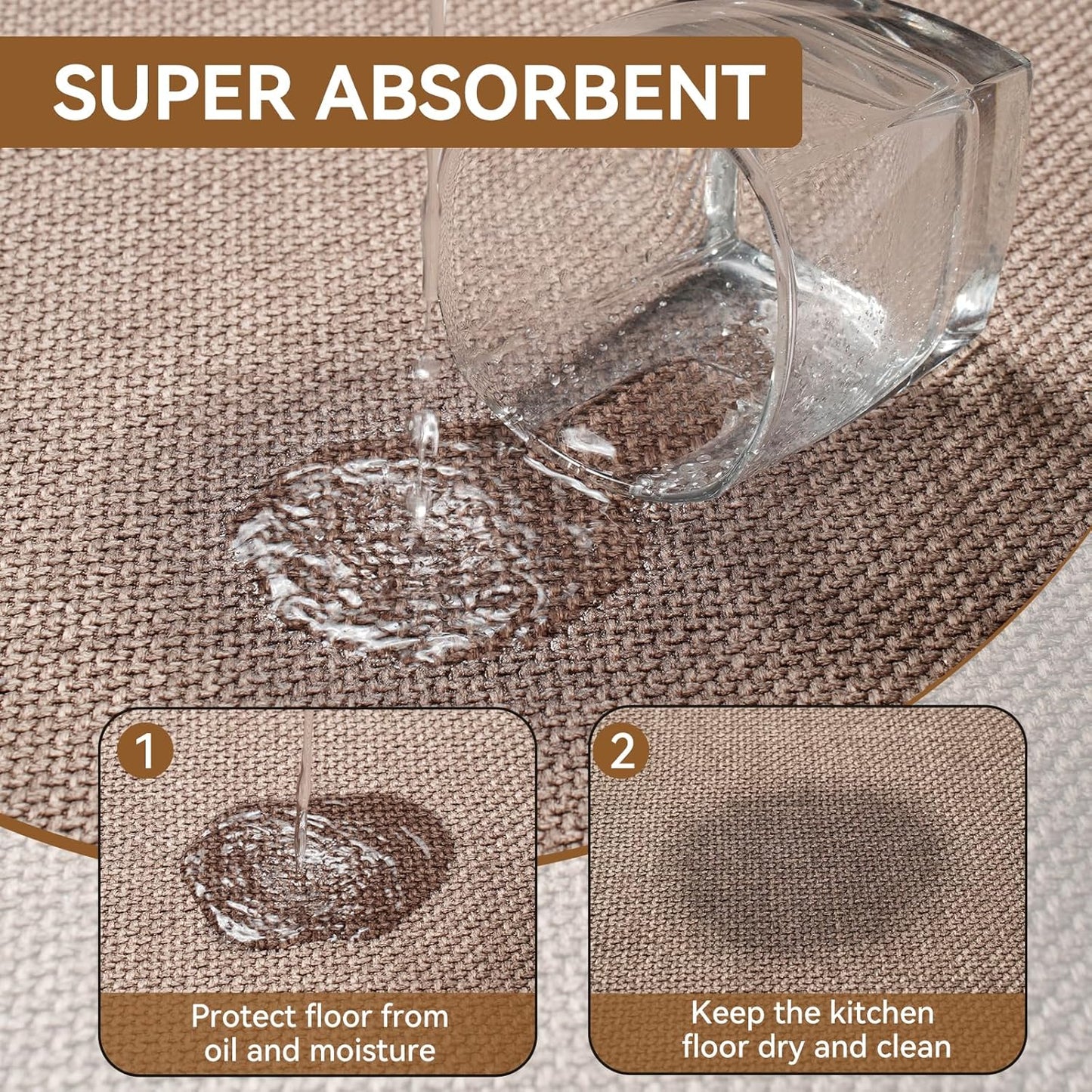 Kitchen Runner Rugs Non Slip Washable, Super Absorbent Cushioned Kitchen Mats for Floor, Linen-Look Woven Sink Mat Standing Floor Mat, Easy Clean, Brown 17"x59"