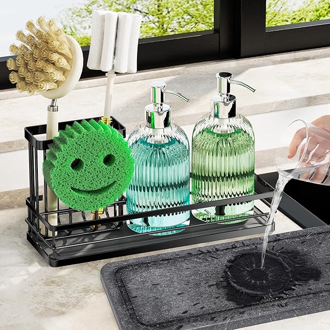 Sink Caddy Organizer with Water Absorbing Stone Tray, Instant Dry Sponge Holder Smiley Face, Dish Brush Holder for Countertop, Kitchen Storage Accessories and Organization Essentials (Black)