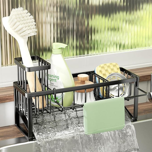 SWTYMIKI Sponge Holder for Kitchen Sink - Sink Caddy with Brush Holder and Stainless Steel Self Drain Tray, Sponge Caddy Organizer with Divider Kitchen Accessories Storage for Countertop, Black