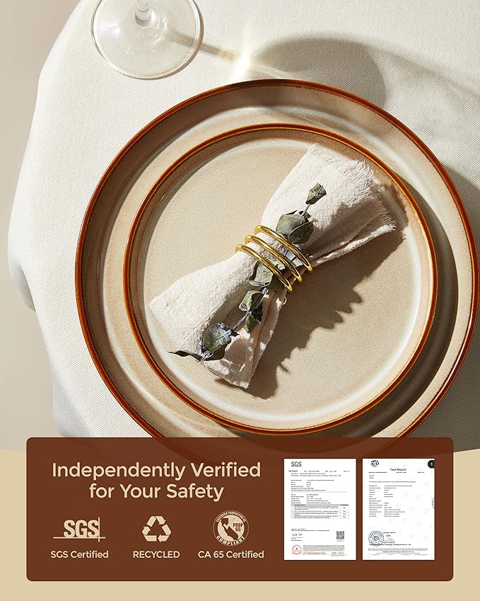Pokini Dinnerware Set for 4, Ceramic Dish Sets, Plate and Bowl Set, Microwave & Dishwasher Safe Dishware Set, Chip & Scratch Resistant Dinner Set, No Two Are Alike, Amber Brown